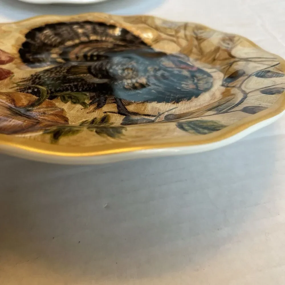 Pottery Barn Fresco Turkey Plates Set Of 4 Salad Plates 9” Turkey Thanksgiving